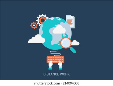 Flat style design vector illustration distance work concept. Collage of global online workplace search loupe magnifying glass gear cloud document hand typing keyboard. Big flat conceptual collection.