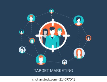 Flat Style Design Vector Illustration Marketing Targeting Concept. Target Group Of People In Sight Marker Connected With Other Abstract Profile Avatars. Big Flat Conceptual Collection.