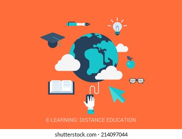Flat style design vector illustration e-learning distance education concept. Collage of global online study courses university graduate idea hand click mouse. Big flat conceptual collection.