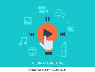 Flat style design vector illustration social media marketing concept. Hand cursor click play button social content data file type icons photo video message music. Big flat conceptual collection.