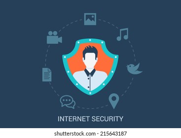 Flat style design vector illustration internet online security concept. Man profile avatar in shield social media content chat document video map pin music image photo icons. Big flat collection.