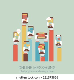 Flat style design vector illustration online messaging mobile app concept. Collage of hands holding touch phones with message im chat dialogue application infographics big flat conceptual collection. 