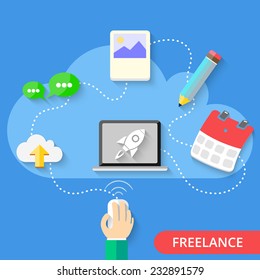 Flat style design vector illustration distance work concept. Freelance work. Isolated on blue background.
