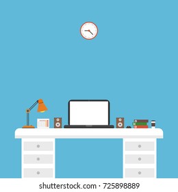 Flat style design vector illustration work place home interior. Vector illustration.