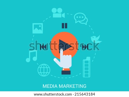 Flat style design vector illustration social media marketing concept. Hand cursor click play button social content data file type icons photo video message music. Big flat conceptual collection.