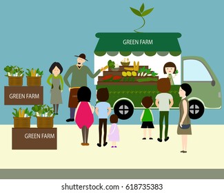 Flat style design vector of Organic concept,farmer sale product from the green farm,vegetable truck,family agriculture.customer,fruits,