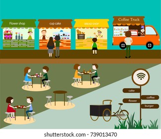 Flat style design vector of outdoor market, Activity of people in out door market .Bakery shop, Coffee shop, Bread shop