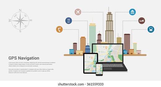 Flat style design of web banner template for website or infographics, mobile navigation GPS system, destination location, spotting and find the right way. 