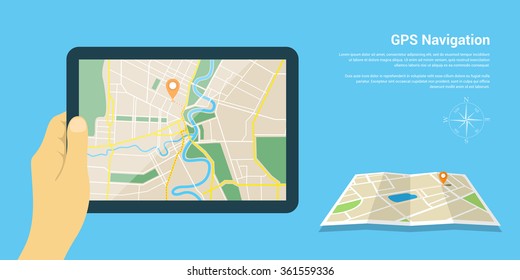 Flat style design of web banner template for website or infographics, mobile navigation GPS system, destination location, spotting and find the right way. 