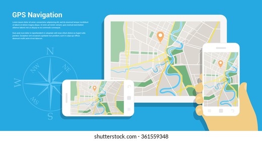 Flat style design of web banner template for website or infographics, mobile navigation GPS system, destination location, spotting and find the right way. 