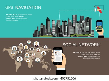 Flat style design of web banner template for website or infographics, mobile navigation GPS system, destination location, spotting and find the right way. Global social network