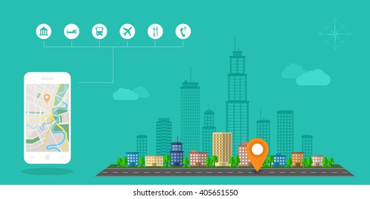 Flat style design of web banner template for website or infographics, mobile navigation GPS system, destination location, spotting and find the right way. 