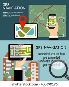 Flat style design of web banner template for website or infographics, mobile navigation GPS system, destination location, spotting and find the right way. 
