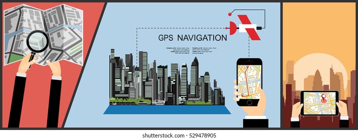 Flat style design of web banner template for website or infographics, mobile navigation GPS system.