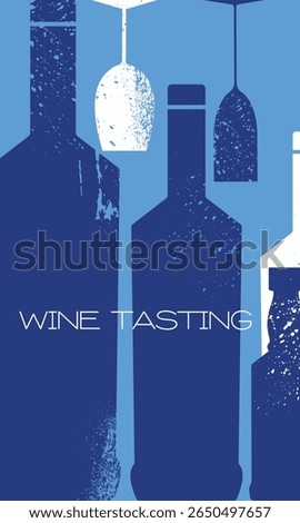 Flat style design of wine bottle, glass, lettering. Wine bar poster design, pub, drinks, friendly party, illustration wine list, sommelier. Texture, banner alcohol store signboard