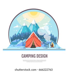 Flat style design of winter Mountains landscape and camping tent
