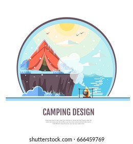 Flat style design of winter seaside landscape and camping tent