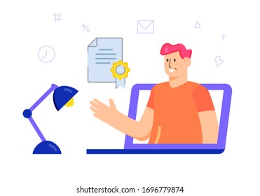 Flat Style Design Young Boy Online Education Laptop with Diploma Certificate and Desk Lamp Vector Illustration