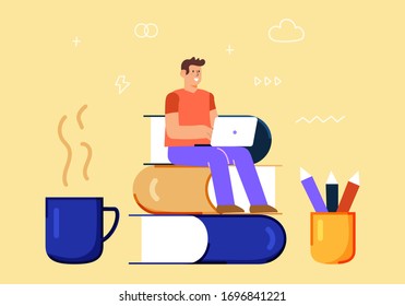 Flat Style Design Young Boy Online Education Vector Illustration