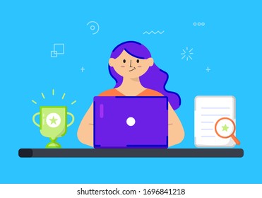 Flat Style Design Young Girl Online Education Vector Illustration