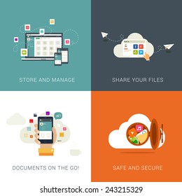 Flat Style Designs concepts for Cloud Services and File Management. 