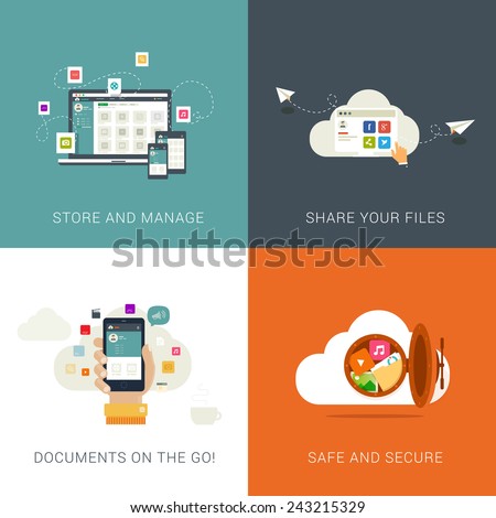 Flat Style Designs concepts for Cloud Services and File Management. 