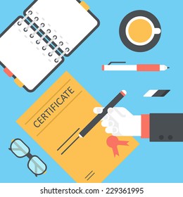 Flat style desktop with hand sign issue certificate and opened diary infographic icon set. Desk with notebook planner, tea cup, glasses, pencil, pen, eraser. Workplace table top view collection.