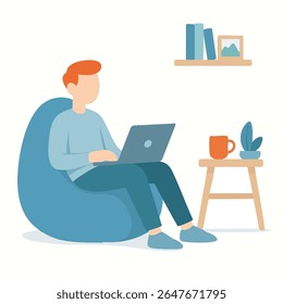 Homem de detalhe de estilo plano usando laptop relaxamento na ilustração Beanbag