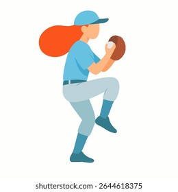 Estilo Plano Detalhado Beisebol Arremessador Jogador Feminino Esporte Personagem Ilustração