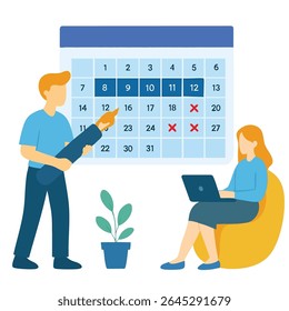 Estilo Plano Detalhado Calendário Agendamento Pessoas Trabalhando Juntos Ilustração