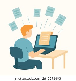 Flat Style Detailed Writer Typing on Laptop with Flying Documents Illustration