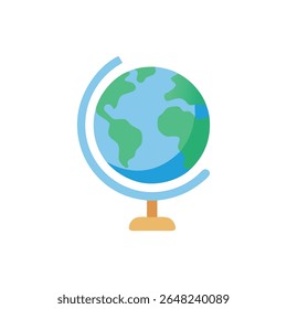 Uma ilustração digital de estilo plano de um globo em um suporte. Os continentes são verdes, os oceanos são azuis.