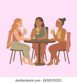 Flat style digital illustration of three young women sitting at a cafe table, drinking juice. They are dressed in yoga outfits with rolled-up mats in sling bags over their shoulders.