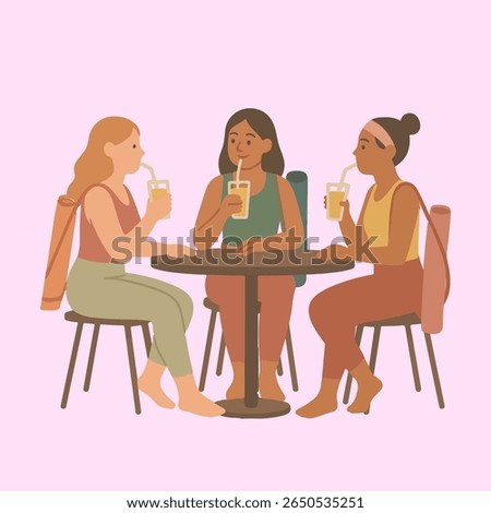 Flat style digital illustration of three young women sitting at a cafe table, drinking juice. They are dressed in yoga outfits with rolled-up mats in sling bags over their shoulders.