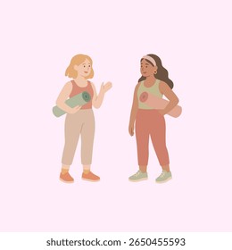 Flat style digital illustration of two young women chatting while holding yoga mats. Both girls are dressed in yoga outfits – one with strawberry blonde hair wearing a dusty rose top and beige legging