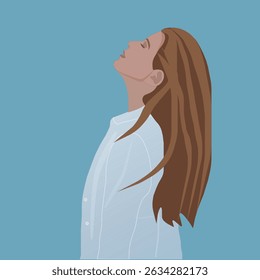 Flat style digital illustration of a young woman with long light brown hair, wearing a white shirt. She has her head gently tilted back and eyes closed, conveying a moment of inner peace, mindfulness.