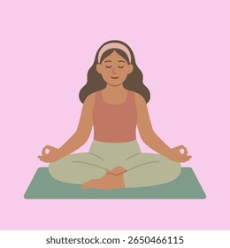 Flat style digital illustration of a young woman practicing yoga in lotus pose on a teal yoga mat. She wears a rust-colored tank top, sage green yoga pants, and a pink headband.