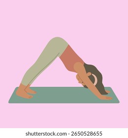 Flat style digital illustration of a young woman practicing yoga in the Downward-Facing Dog pose on a teal yoga mat. She is wearing a rust-colored tank top, sage green leggings, and a pink headband. 