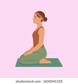 Ilustração digital de estilo plano de uma jovem mulher praticando ioga em Hero Pose (Virasana). Ela está sentada de joelhos em uma esteira de ioga, vestindo um top sem mangas cor de ferrugem, pernas verdes sábias.