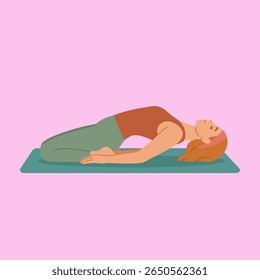 Ilustração digital de estilo plano de uma jovem mulher praticando ioga em Pose de peixe (Matsyasana). Ela deita-se de costas com o peito arqueado para cima em uma esteira de ioga, vestindo um top sem mangas de cor ferrugem.