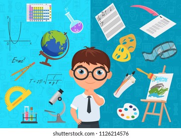 Flat style of diligent schoolboy character in glasses surrounded with various icons of school subjects on blue background. Academic specialization choosing.