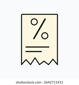 Flat style discount receipt icon with bold percentage symbol on light paper background illustration