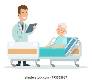 Flat style doctor cares of old woman health vector illustration. Female patient lies on hospital bed. Medicine, healthcare and clinic medical concept. 