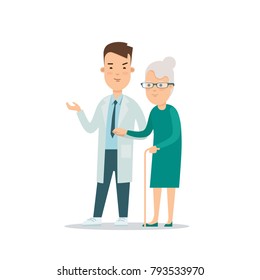 Flat style doctor cares of old woman health vector illustration. Female patient in hospital clinic. Medicine, healthcare and medical concept.