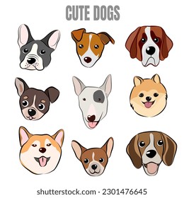 Flat style dog head icons. Cartoon dogs faces set. Illustration isolated on white