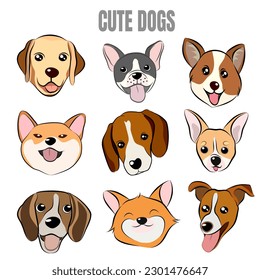 Flat style dog head icons. Cartoon dogs faces set. Illustration isolated on white