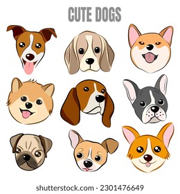 Flat style dog head icons. Cartoon dogs faces set. Illustration isolated on white