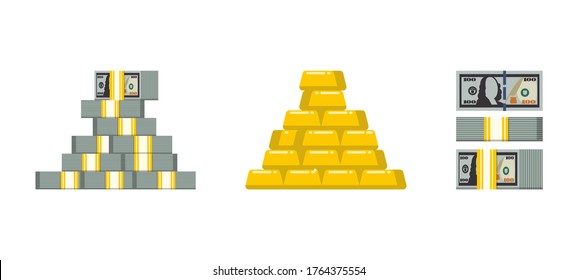 Flat style dollars bundles with gold bars, isolated. Vector flat money icon on a white background. Flat money icon. Money with gold illustration of wealth and condition.