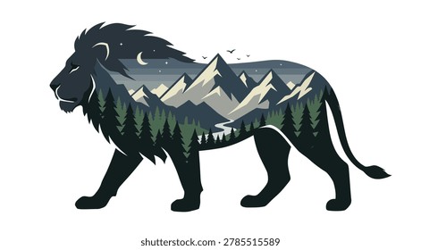 A flat style double exposure vector graphic featuring a powerful walking lion silhouette. Inside the animal shape is a serene night wilderness landscape with towering snow-capped mountain peaks, flying birds, a dense evergreen pine forest, and a crescent moon with stars, best for t-shirt designs, logos, stickers, and creative branding.

