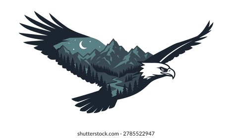 A flat style double exposure vector illustration featuring a majestic flying bald eagle with outspread wings. Inside the dark bird silhouette is a night wilderness scene with sharp mountain peaks, a pine forest, a winding valley river, and a crescent moon, best for t-shirt designs, logos, stickers, and corporate branding.
